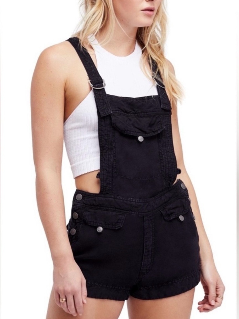 Free People Black Denim Short Overalls